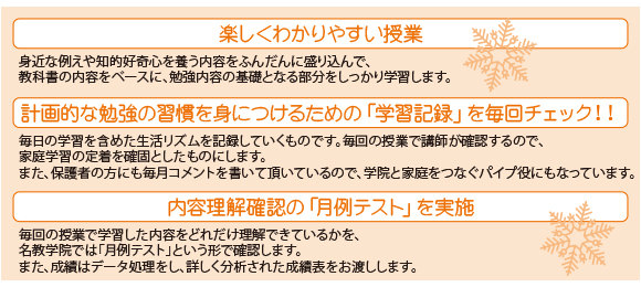 楽しくわかりやすい授業/計画的な勉強の習慣を身につけるための「学習記録」を毎回チェック！！/内容理解確認の「月例テスト」を実施